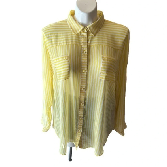Torrid Long Sleeve Button Down Top Sheer Yellow White Stripes Summer 3X - Picture 1 of 5